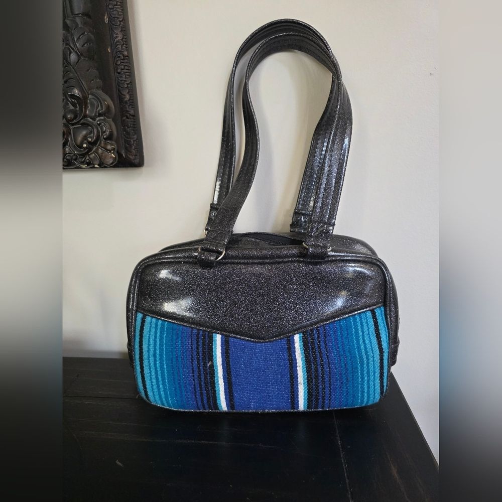 Black Glittery Vinyl Blue Striped Woven Serape Mexican Blanket Shoulder Bag Rare